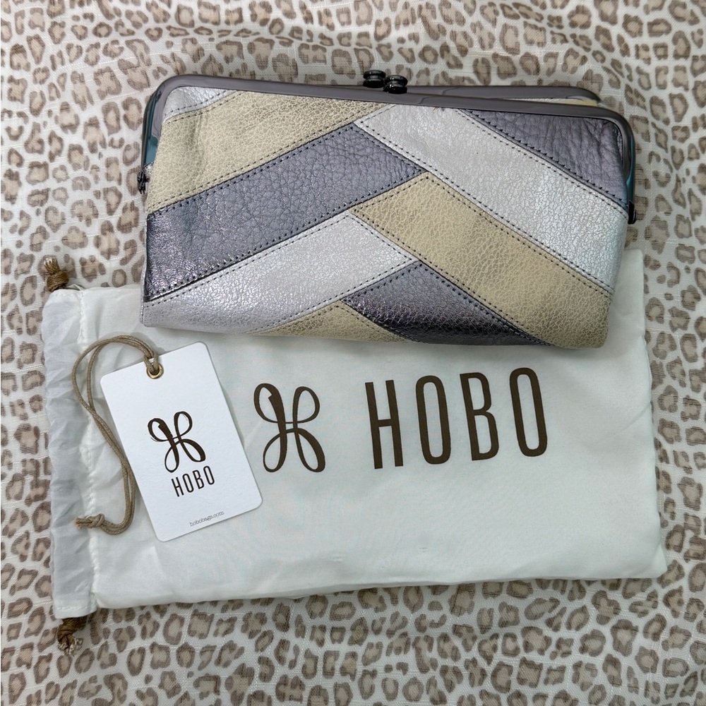 HOBO Women's Clutch in Patchwork Silver and Cream Leather Hobo Clutch
